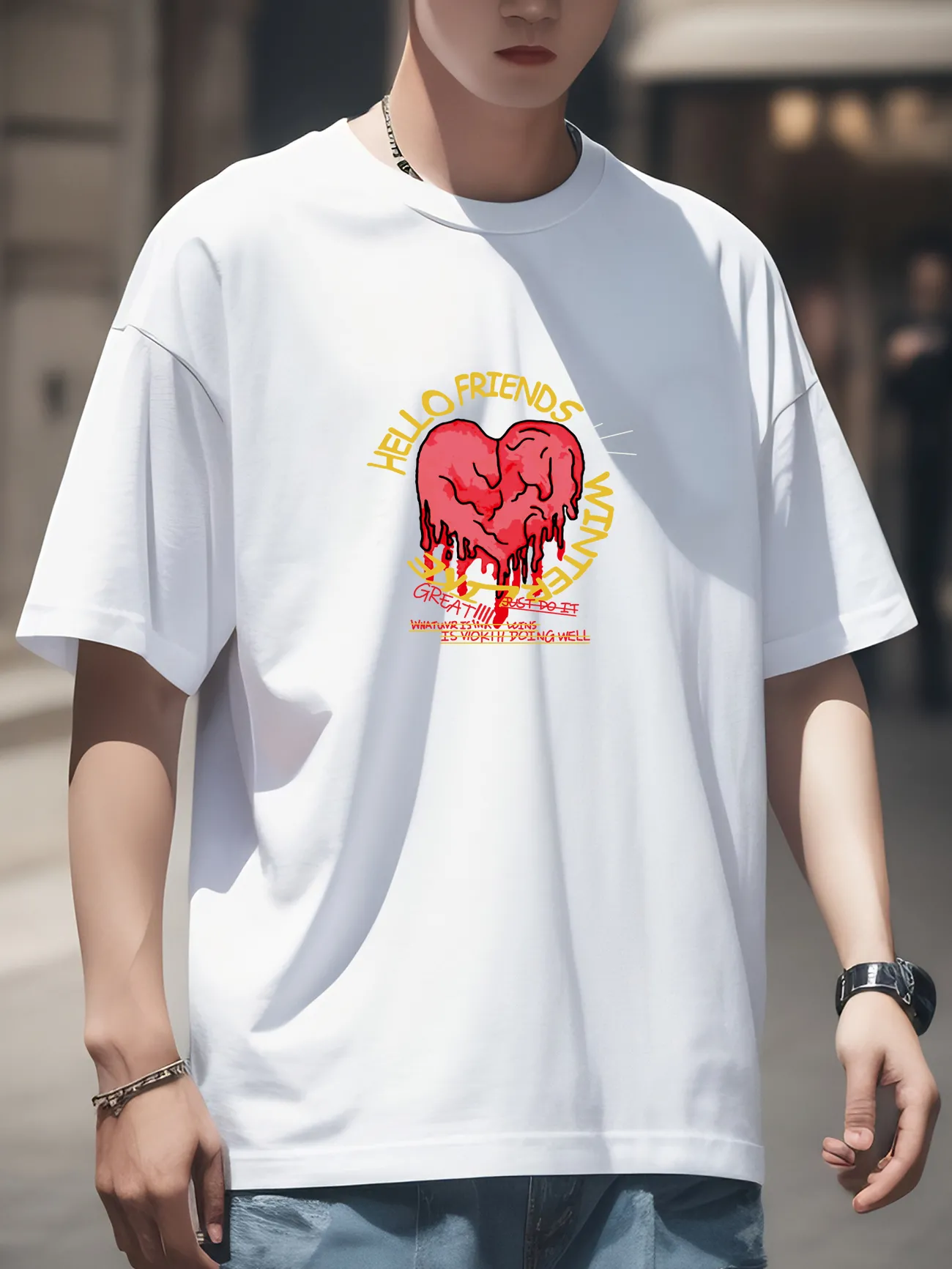 Melting Heart Print, Men's Trendy Cotton T-shirt, Casual Slightly
